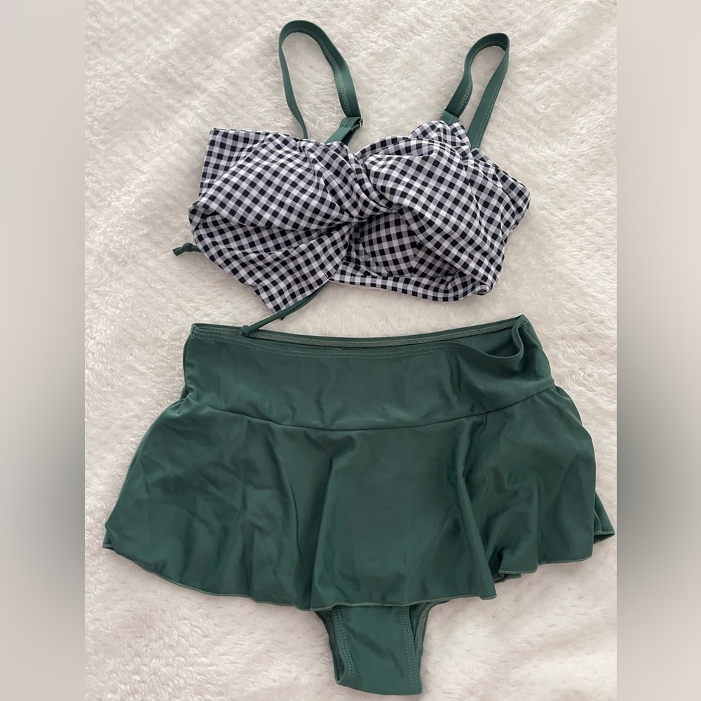 Women’s Olive Green Push Up Gingham Bikini Swimsuit - Picture 1 of 4